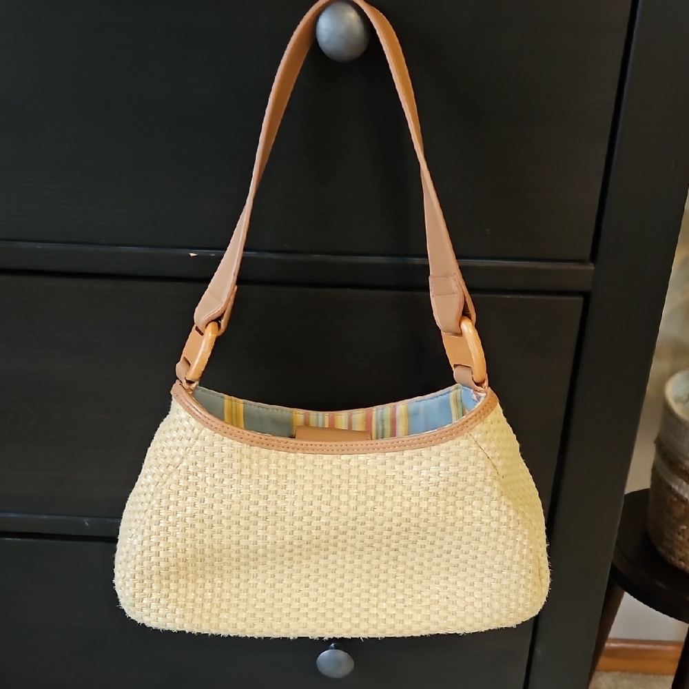Cream Woven Shoulder Bag with Tan Trim
